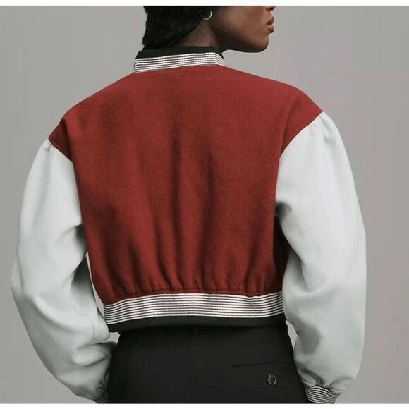 Anthropologie Maeve Colorblock Cropped Varisty Bomber Jacket - Picture 2 of 11